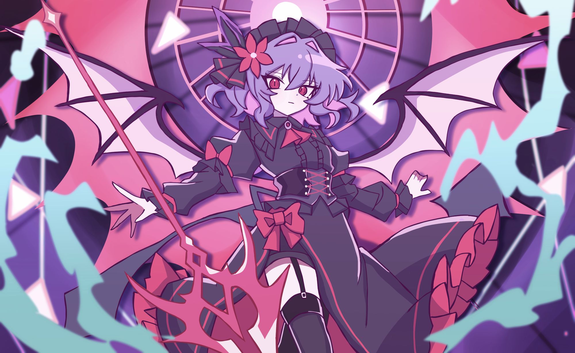remilia scarlet, touhou, highres, ascot, bat wings, black corset, black shirt, black thighhighs, bow, brooch, corset, cross-laced clothes, dress shirt, flower, frilled shirt, frilled sleeves, frills, garter straps, hair flower, hair ornament, hat, hat ribbon, jewelry, layered sleeves, long sleeves, madeno, mob cap, purple hair, red bow, red eyes, ribbon, ribbon-trimmed sleeves, ribbon trim, shirt, short hair, short over long sleeves, short sleeves, skirt, skirt set, spear the gungnir, thighhighs, two-tone skirt, wings