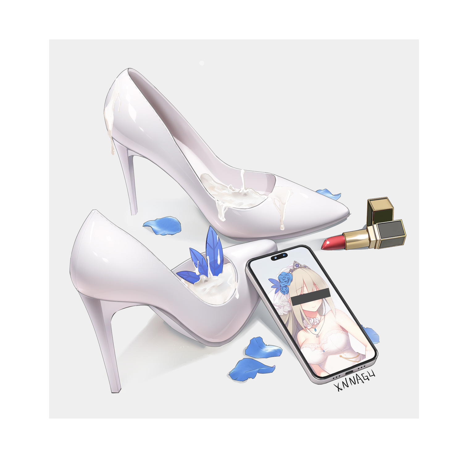 xnnagu, white footwear, highres, 1girl, bar censor, blonde hair, blue flower, blue rose, breasts, bridal veil, cellphone, cellphone photo, censored, censored identity, cleavage, cosmetics, cum, cum on body, cum on clothes, dress, flower, gem, grey background, hair flower, hair ornament, high heels, iphone, jewelry, lipstick, lipstick tube, long hair, makeup, medium breasts, necklace, petals, phone, rose, shoes, simple background, smartphone, solo, stiletto heels, strapless, strapless dress, tiara, unworn shoes, veil, wedding dress, white dress
