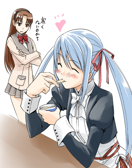 marumi, amatsuka hikaru, amatsuka tsurara, baby princess, 10s, 2girls, ^^^, ^ ^, annoyed, blazer, blue hair, bow, bowtie, brown eyes, brown hair, closed eyes, crossed arms, hair ribbon, hairband, heart, jacket, long hair, miniskirt, multiple girls, pleated skirt, red bow, red bowtie, ribbon, school uniform, serafuku, simple background, skirt, spoon, table, twintails, upper body, very long hair, white background