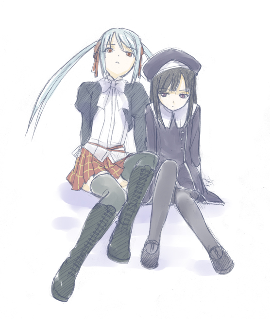 marumi, amatsuka tsurara, amatsuka urara, baby princess, 10s, black hair, blue hair, pantyhose, thighhighs