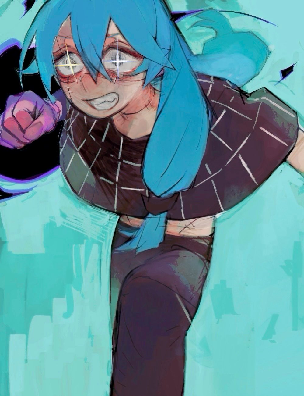 mahito (jujutsu kaisen), jujutsu kaisen, highres, aqua background, blue eyes, blue hair, cowboy shot, cursed energy (jujutsu kaisen), energy, excited, glowing, glowing eyes, grid print, grin, hair between eyes, heterochromia, kkrmcmc, long hair, smile, stitched face, stitched neck, stitched torso, stitches, teeth, yellow eyes
