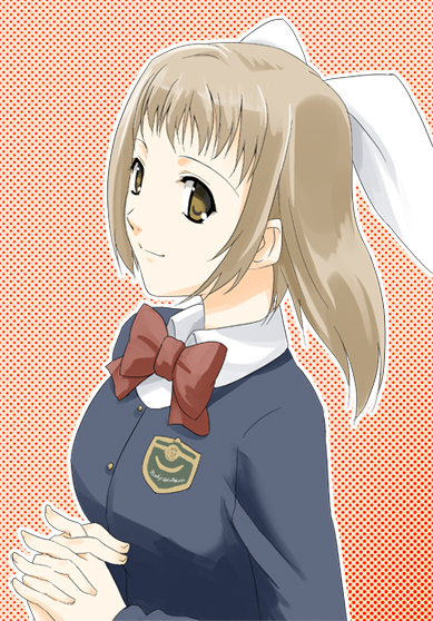 marumi, amatsuka hotaru, baby princess, 10s, 1girl, bow, bowtie, brown eyes, brown hair, emblem, female focus, hair ribbon, interlocked fingers, long hair, long sleeves, own hands clasped, own hands together, red bow, red bowtie, ribbon, school uniform, serafuku, smile, solo, upper body, white ribbon