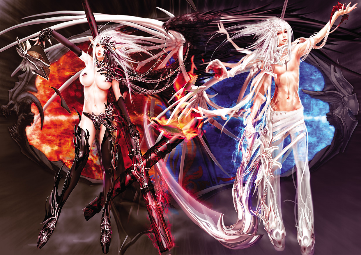 kid (artist), original, topless, armor, boots, breasts, chain, cross, elbow gloves, gloves, long hair, pink hair, white hair, wings