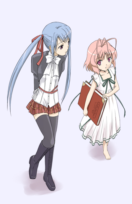 marumi, amatsuka fubuki, amatsuka tsurara, baby princess, 10s, barefoot, blue hair, book, boots, pink hair, thighhighs