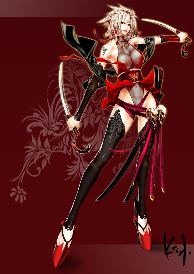 kid (artist), original, breasts, covered erect nipples, detached sleeves, ninja, see-through clothes, skull, sword, tattoo, thighhighs, weapon, white hair