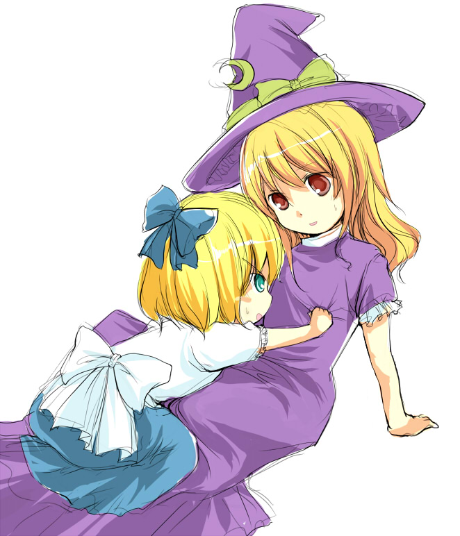 mathnote, alice margatroid, alice margatroid (pc-98), kirisame marisa, kirisame marisa (pc-98), mystic square, phantasmagoria of dim.dream, touhou, touhou (pc-98), grabbing, 2girls, angry, arm support, between legs, blonde hair, blue eyes, blush, bow, child, crescent, female focus, hair bow, hat, long hair, long skirt, looking at another, multiple girls, red eyes, ribbon, short hair, simple background, sitting, skirt, witch, witch hat