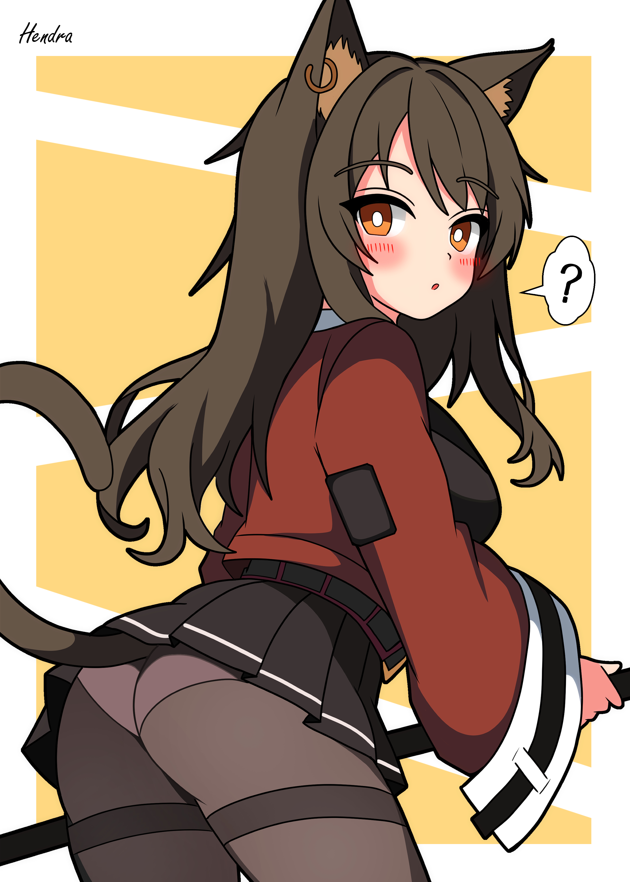 hendra, skyfire (arknights), arknights, absurdres, highres, 1girl, ?, animal ears, ass, black skirt, blush, brown hair, cat ears, cat girl, cat tail, jacket, long hair, looking at viewer, panties, panties under pantyhose, pantyhose, pleated skirt, red jacket, skirt, solo, spoken question mark, tail, underwear