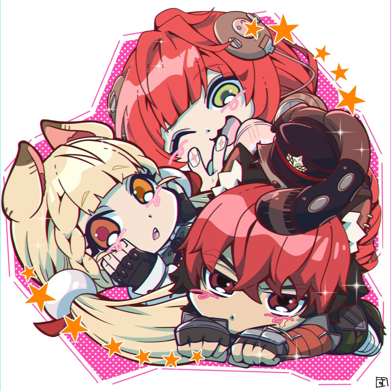 alice thymefield, komano manato, ukinami yuzuha, zenless zone zero, highres, 1boy, 1other, 2girls, animal, animal ear fluff, animal ears, animal on head, black hair, blonde hair, blush, cardigan, cargo pants, chest bow, closed mouth, dog boy, dog ears, dog tail, fingerless gloves, gloves, green eyes, hair ornament, hands on own cheeks, hands on own face, hearing aid, heart, heart background, heterochromia, kintarosuming, long hair, lying, multicolored hair, multiple girls, muscular, muscular male, nail polish, on head, on stomach, one eye closed, open mouth, orange eyes, pants, pink cardigan, rabbit ears, rabbit girl, raccoon, red bandage, red eyes, red hair, scar, scar across eye, scar on face, shirt, sparkle, sphere hair ornament, tail, tanuki, twintails, white background, white shirt, yellow eyes