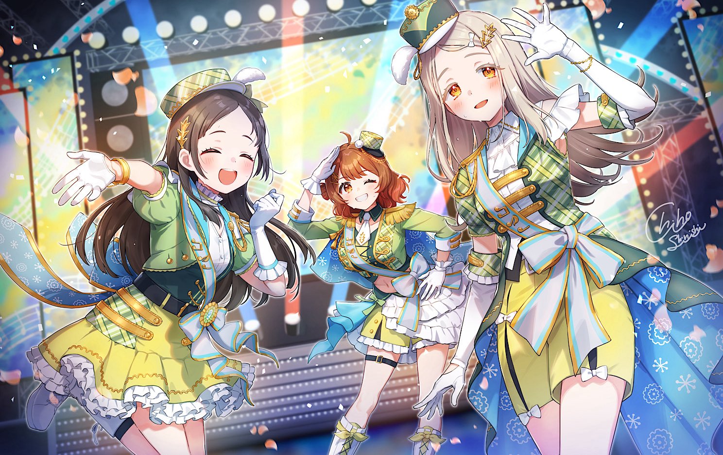 shinishi chiho, hanami ume, kuramoto china, shinosawa hiro, gakuen idolmaster, idolmaster, commentary request, 3girls, :d, ahoge, aiguillette, ascot, belt, black belt, blonde hair, blue cape, blurry, blurry background, blush, boots, bow, bracelet, brown eyes, cape, closed eyes, collared shirt, colored eyelashes, concert, contrapposto, cowboy shot, depth of field, detached collar, elbow gloves, epaulettes, falling petals, flipped hair, frilled gloves, frilled shorts, frilled skirt, frills, gloves, gradient hair, grey hair, hair bow, hair bun, hair ornament, hairclip, hand on own hip, hand up, hands up, hat, high collar, idol, idol clothes, indoors, jacket, jewelry, lace-up boots, laurels, leaning forward, long hair, looking at viewer, medium hair, midriff, mini hat, multicolored hair, multiple girls, necktie, one eye closed, open hand, open mouth, orange eyes, parted bangs, petals, petticoat, plaid clothes, plaid hat, plaid jacket, plaid skirt, pom pom (clothes), puffy short sleeves, puffy sleeves, salute, sash, screen, shako cap, shirt, short sleeves, shorts, signature, single side bun, skirt, smile, stage, stage lights, standing, standing on one leg, sweat, tailcoat, thigh strap, white boots, white bow, white gloves, white necktie, white shirt, yellow shorts, yellow skirt