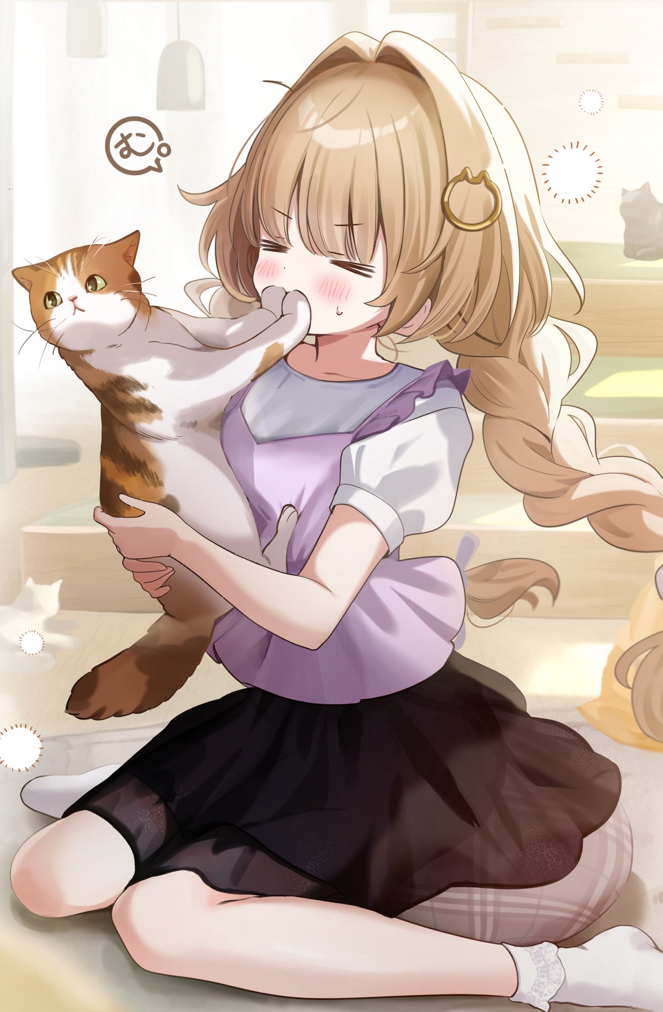 yukimaru nun, original, highres, > <, 1girl, animal, black skirt, blush, braid, brown hair, camisole, cat, closed eyes, hair ornament, holding, holding animal, holding cat, indoors, long hair, puffy short sleeves, puffy sleeves, shirt, short sleeves, sitting, skirt, solo, twin braids, wariza, white shirt