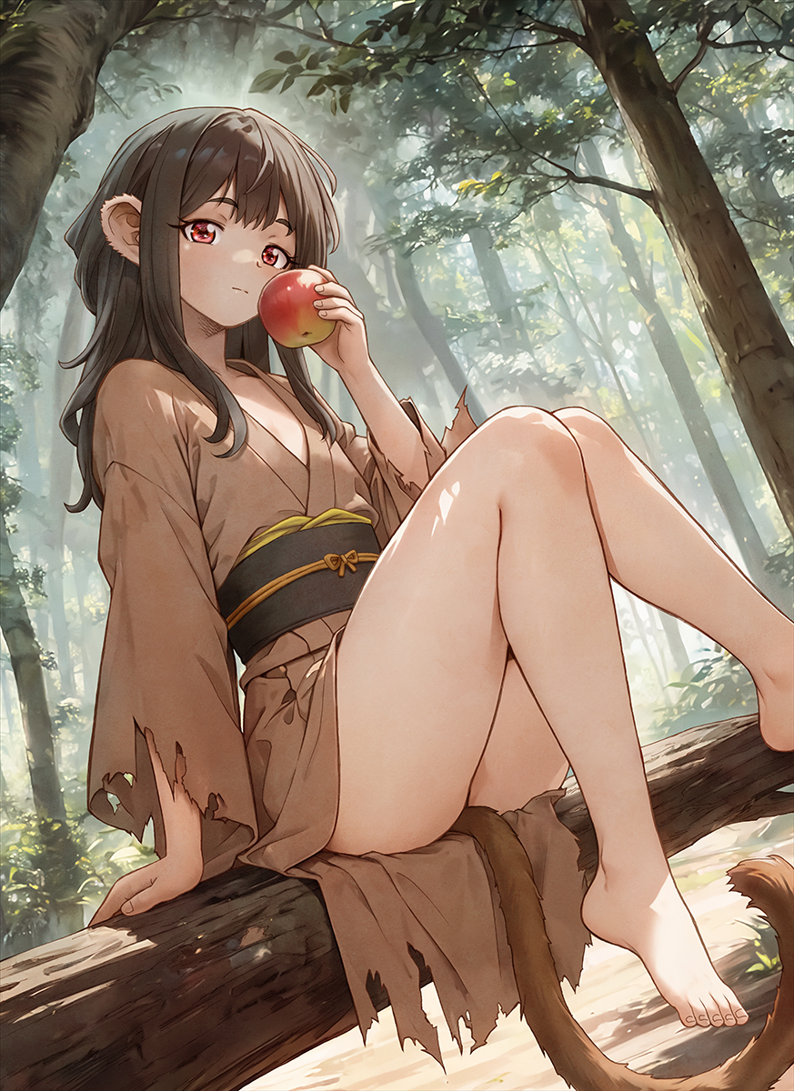 unno hotaru, original, highres, 1girl, animal ears, apple, barefoot, black hair, flat chest, food, forest, fruit, holding, holding food, holding fruit, japanese clothes, kimono, long hair, looking at viewer, monkey ears, monkey girl, monkey tail, nature, obi, outdoors, red eyes, sash, sitting, solo, tail, torn clothes, traditional youkai