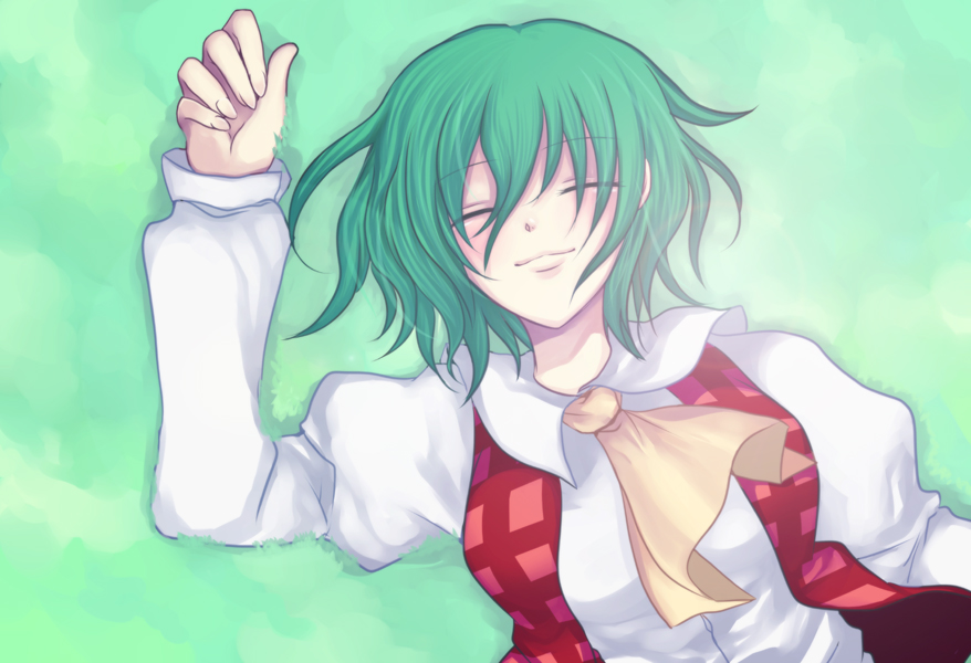 harano, kazami yuuka, touhou, 1girl, ascot, blouse, breasts, closed eyes, female focus, grass, green hair, lying, medium breasts, plaid clothes, plaid vest, shirt, sleeping, solo, upper body, vest