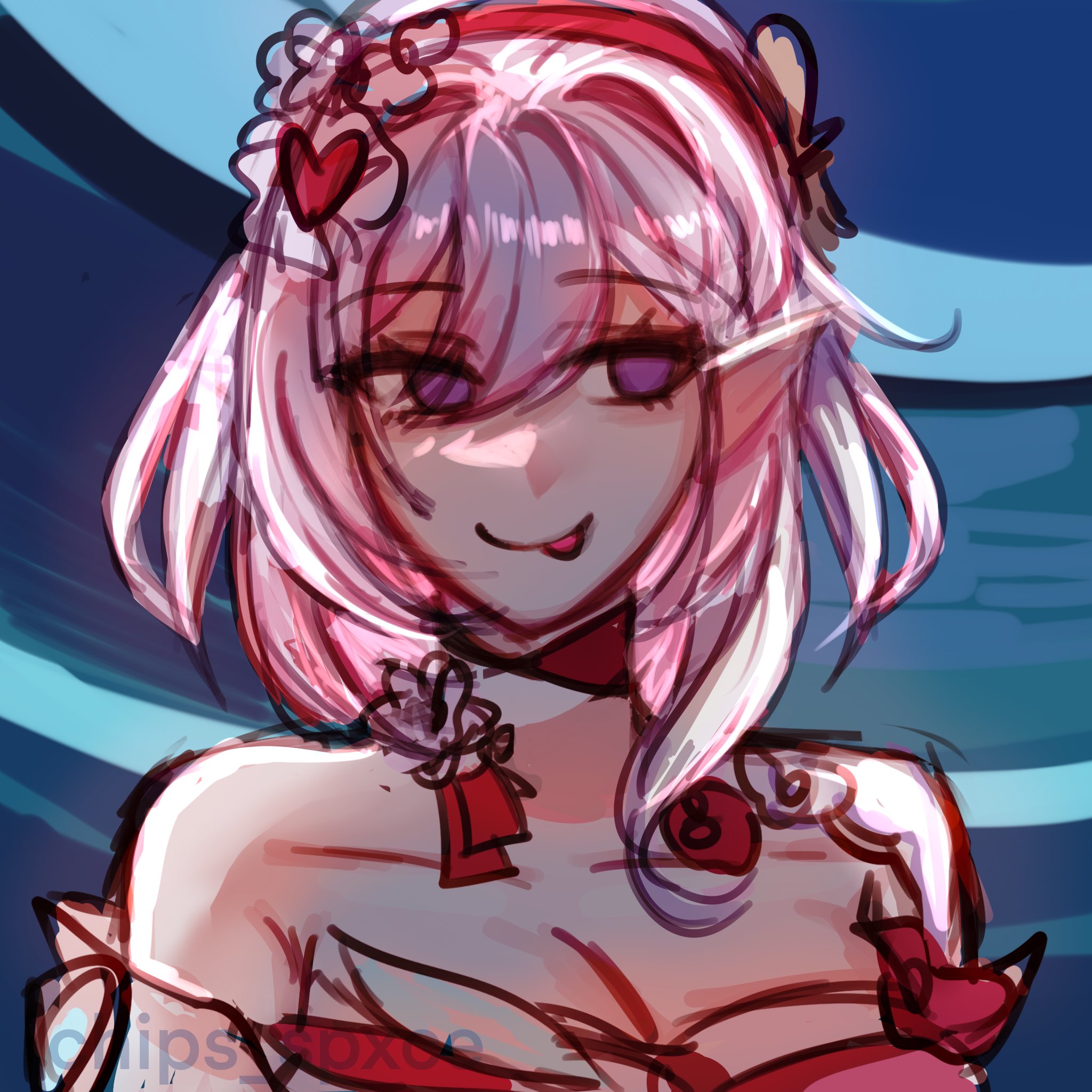 elysia (hi elf of love) (honkai impact), elysia (honkai impact), honkai (series), honkai impact 3rd, commentary, english commentary, highres, 1girl, artist name, bare shoulders, beret, breasts, chips spxce, cleavage, dress, elf, hat, large breasts, multicolored hair, pink dress, pink hair, pointy ears, purple eyes, short hair, solo, tongue, tongue out, two-tone hair, upper body, white hair