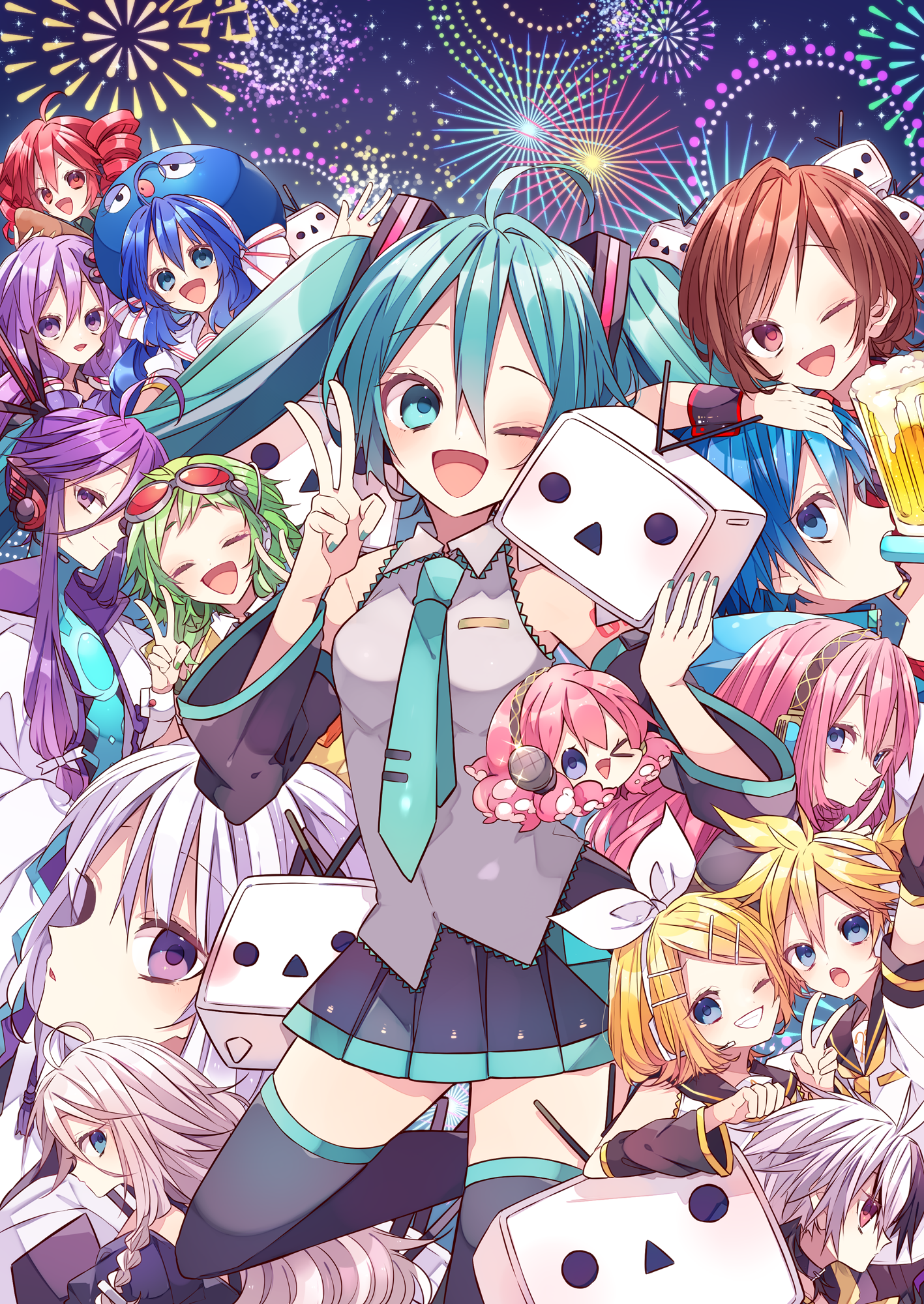 kaho 0102, flower (vocaloid), flower (vocaloid4), gumi, hatsune miku, kagamine len, kagamine rin, kaito (vocaloid), kamui gakupo, kasane teto, kasane teto (utau), megurine luka, meiko (vocaloid), otomachi una, takoluka, yuzuki yukari, utau, vocaloid, voiceroid, character request, commentary request, highres, 3boys, 6+girls, :d, :o, ;d, ahoge, alcohol, arm warmers, baguette, bare shoulders, beer, black hair, black sailor collar, black skirt, black sleeves, black thighhighs, blonde hair, blue eyes, blue hair, blue hat, blue nails, blue necktie, bread, brown hair, closed mouth, collared shirt, detached sleeves, double-parted bangs, drill hair, eel hat, fireworks, food, green hair, grey shirt, grin, hair between eyes, hair ornament, hair ribbon, hairclip, hand up, hat, headphones, headset, long hair, long sleeves, looking at viewer, miniskirt, multicolored hair, multiple boys, multiple girls, nail polish, necktie, number tattoo, one eye closed, open mouth, parallel hairclips, parted bangs, pink hair, pleated skirt, purple eyes, purple hair, red eyes, red hair, ribbon, sailor collar, shirt, short hair, short sleeves, shoulder tattoo, skirt, sleeveless, sleeveless shirt, smile, tattoo, thighhighs, tie clip, twin drills, twintails, two-tone hair, v, v-shaped eyebrows, white hair, white ribbon, white shirt, wide sleeves, wrist cuffs, yellow necktie, zettai ryouiki