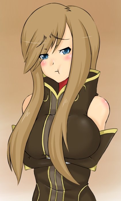 madarame, tear grants, tales of (series), tales of the abyss, breast hold, bad id, bad pixiv id, 00s, 1girl, :t, blue eyes, blush, breast rest, breasts, brown background, brown hair, detached sleeves, female focus, large breasts, long hair, solo