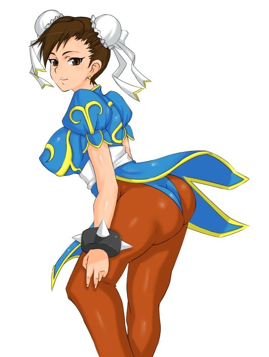 madarame, chun-li, capcom, street fighter, bad id, bad pixiv id, 1girl, ass, bracelet, brown eyes, brown hair, bun cover, china dress, chinese clothes, double bun, dress, female focus, hair bun, jewelry, pantyhose, pelvic curtain, red pantyhose, short hair, simple background, smile, solo, spiked bracelet, spikes, white background