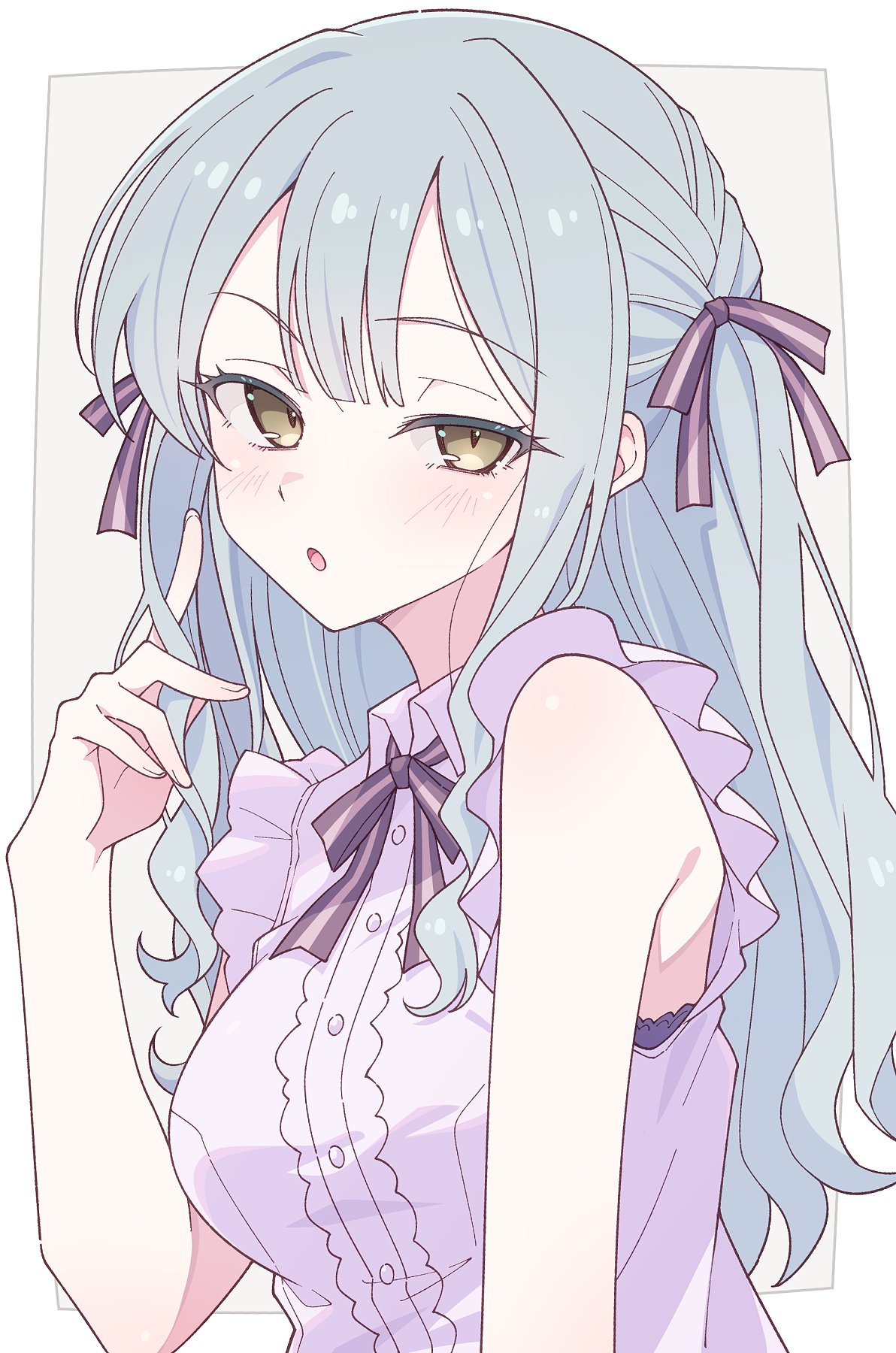 e20, togawa sakiko, bang dream!, bang dream! it's mygo!!!!!, commentary, highres, 1girl, black ribbon, blue hair, blush, collared shirt, dress shirt, hair ribbon, long hair, looking at viewer, neck ribbon, open mouth, ribbon, shirt, sidelocks, sleeveless, sleeveless shirt, solo, twirling hair, upper body, white shirt, yellow eyes