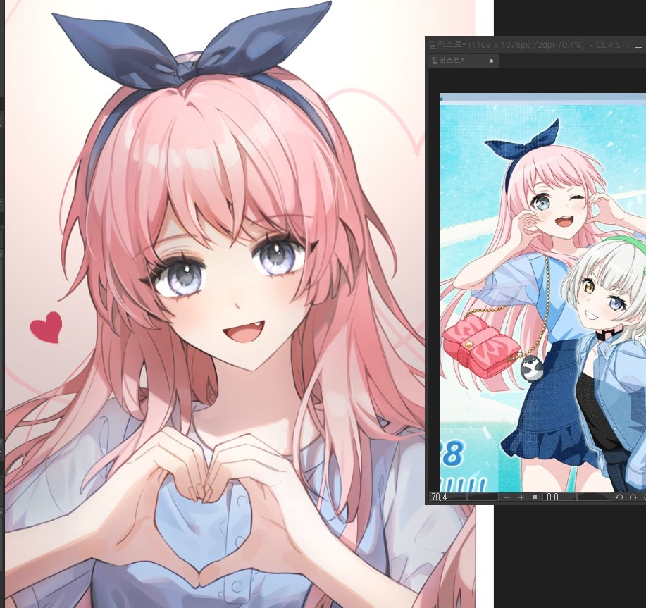 soha blan, chihaya anon, bang dream!, bang dream! it's mygo!!!!!, commentary, symbol-only commentary, 1girl, art program in frame, blue hairband, blue ribbon, blue shirt, fang, hair ribbon, hairband, heart, heart hands, long hair, open mouth, pink hair, reference inset, ribbon, shirt, short sleeves, solo