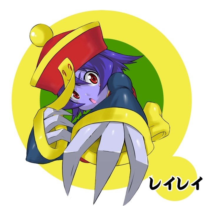 madarame, hsien-ko, mei-ling (darkstalkers), capcom, darkstalkers, bad id, bad pixiv id, 1girl, blue hair, blue skin, character name, claws, colored skin, female focus, flipped hair, hat, red eyes, red hat, short hair, solo