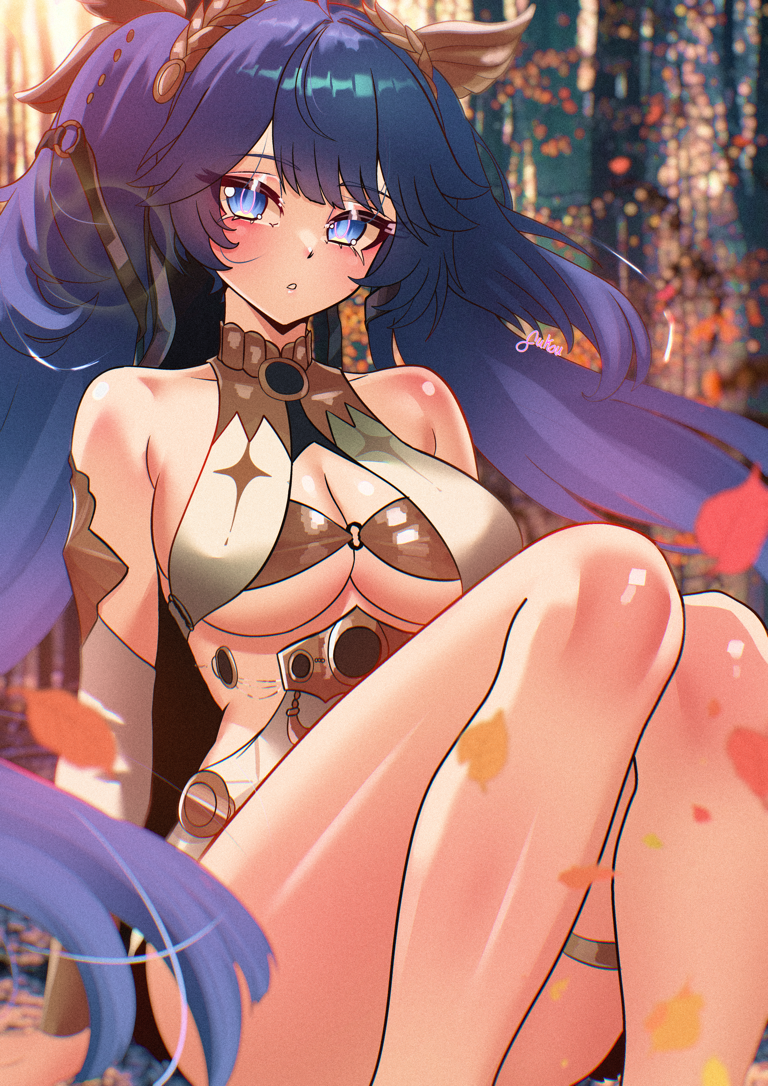 fukou, iuno (wuthering waves), wuthering waves, absurdres, commentary, highres, 1girl, ancient greek clothes, bare legs, bare shoulders, blue eyes, blue hair, blurry, blurry background, breasts, feet out of frame, gold bra, greco-roman clothes, hair belt, head wreath, jewelry, knees up, large breasts, legs, long hair, looking at viewer, parted lips, signature, sitting, solo, thighlet, very long hair