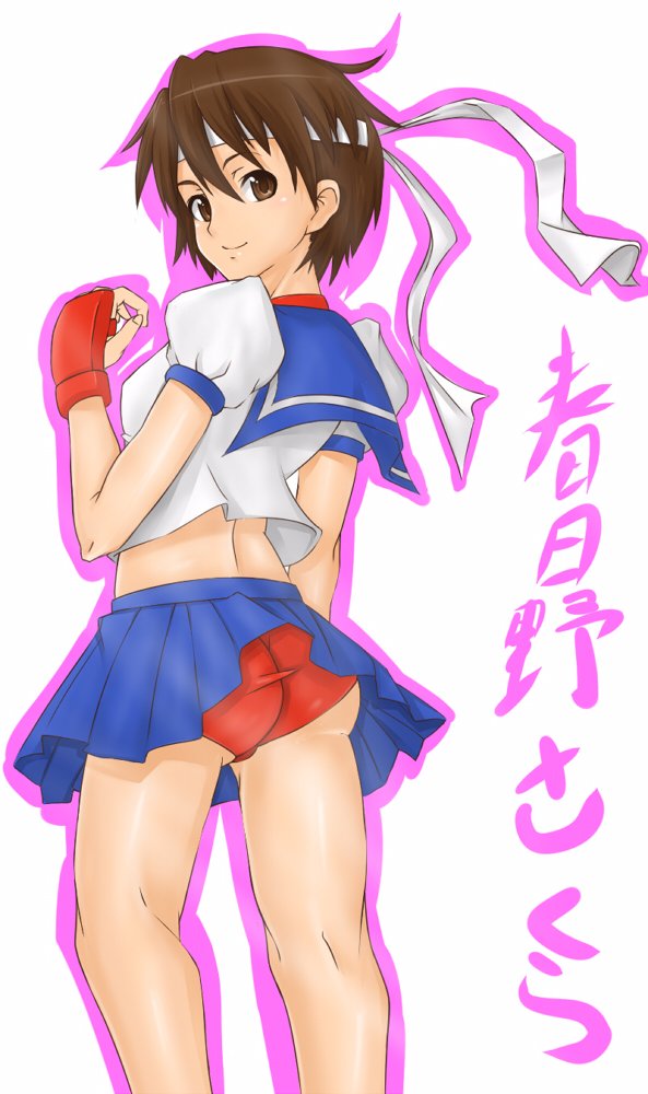 madarame, kasugano sakura, capcom, street fighter, street fighter zero (series), bad tag, bad id, bad pixiv id, 1990s (style), 1girl, ass, back, bandana, blue sailor collar, breasts, brown eyes, brown hair, buruma, clothes lift, female focus, fingerless gloves, gloves, headband, kneehighs, kneepits, knees, legs, looking back, medium breasts, miniskirt, neckerchief, outline, panties, pantyhose, pantyshot, red panties, retro artstyle, sailor collar, sailor crest, school uniform, serafuku, shirt, short hair, skirt, skirt lift, smile, socks, solo, standing, underwear, wind, wind lift