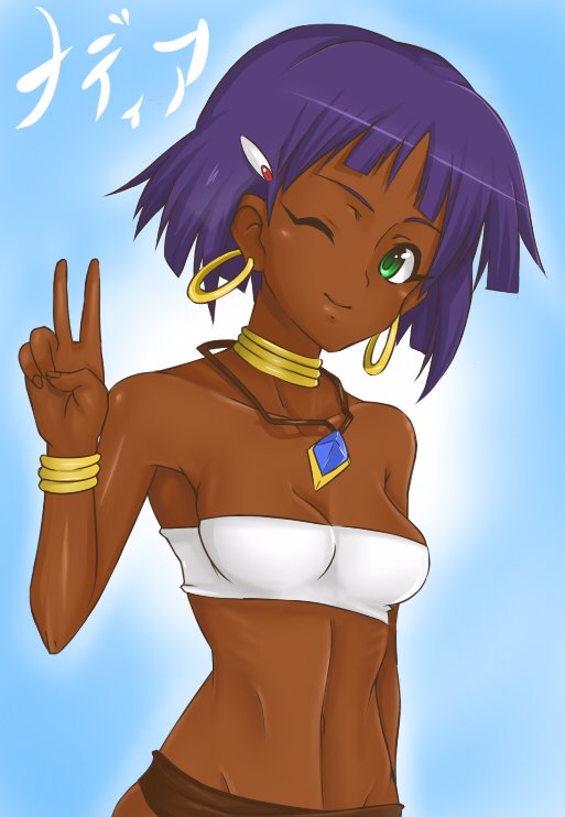 nadia la arwall, fushigi no umi no nadia, 1990s (style), 1girl, bandeau bikini, bracelet, breasts, dark-skinned female, dark skin, earrings, female focus, gradient background, green eyes, jewelry, midriff, navel, neck ring, necklace, one eye closed, purple hair, retro artstyle, ribs, short hair, skinny, solo, strapless, tube top, v, white background, wink