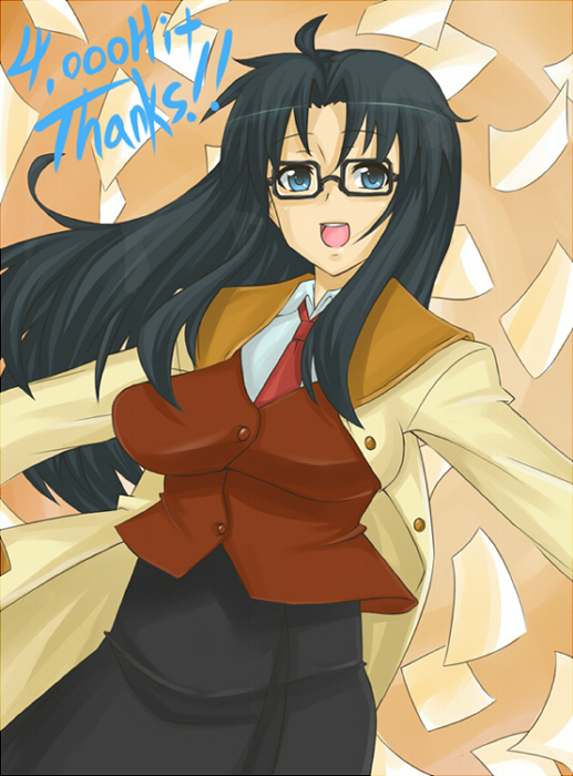 madarame, yomiko readman, read or die, 00s, 1girl, ahoge, black hair, blue eyes, female focus, flying paper, glasses, long hair, messy hair, milestone celebration, necktie, paper, red necktie, solo, thank you
