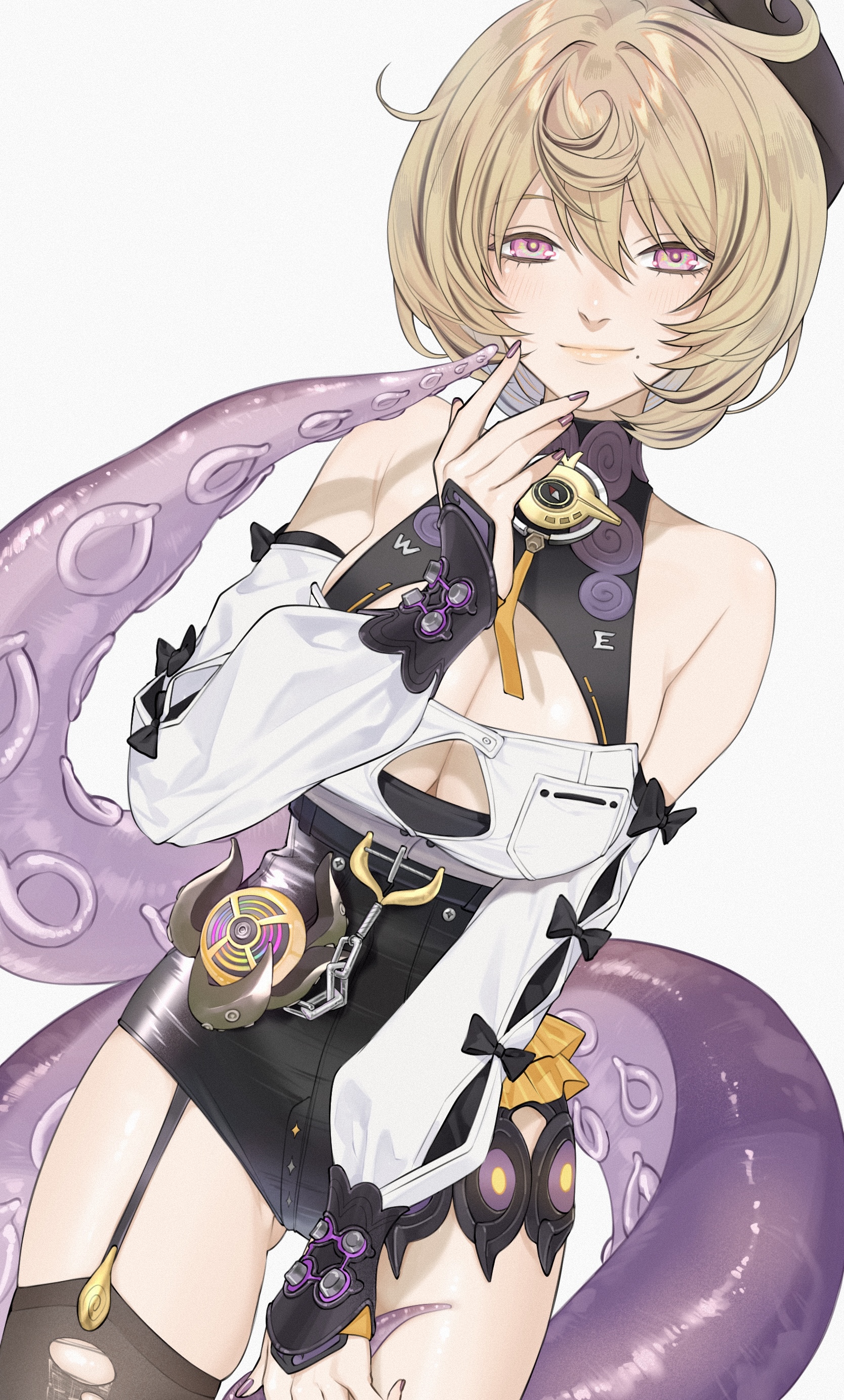 nomeko jiru, yidhari (zenless zone zero), zenless zone zero, absurdres, highres, 1girl, accessories, asymmetrical shorts, bare shoulders, black bow, blonde hair, blush, bow, breasts, cleavage cutout, closed mouth, clothing cutout, detached sleeves, hand on own chin, hat, high-waist shorts, looking at viewer, mole, mole under mouth, monster girl, octopus, purple eyes, purple nails, scylla, short hair, shorts, single thighhigh, socks, tentacle tail, tentacles, thighhighs, torn clothes, torn thighhighs, white background