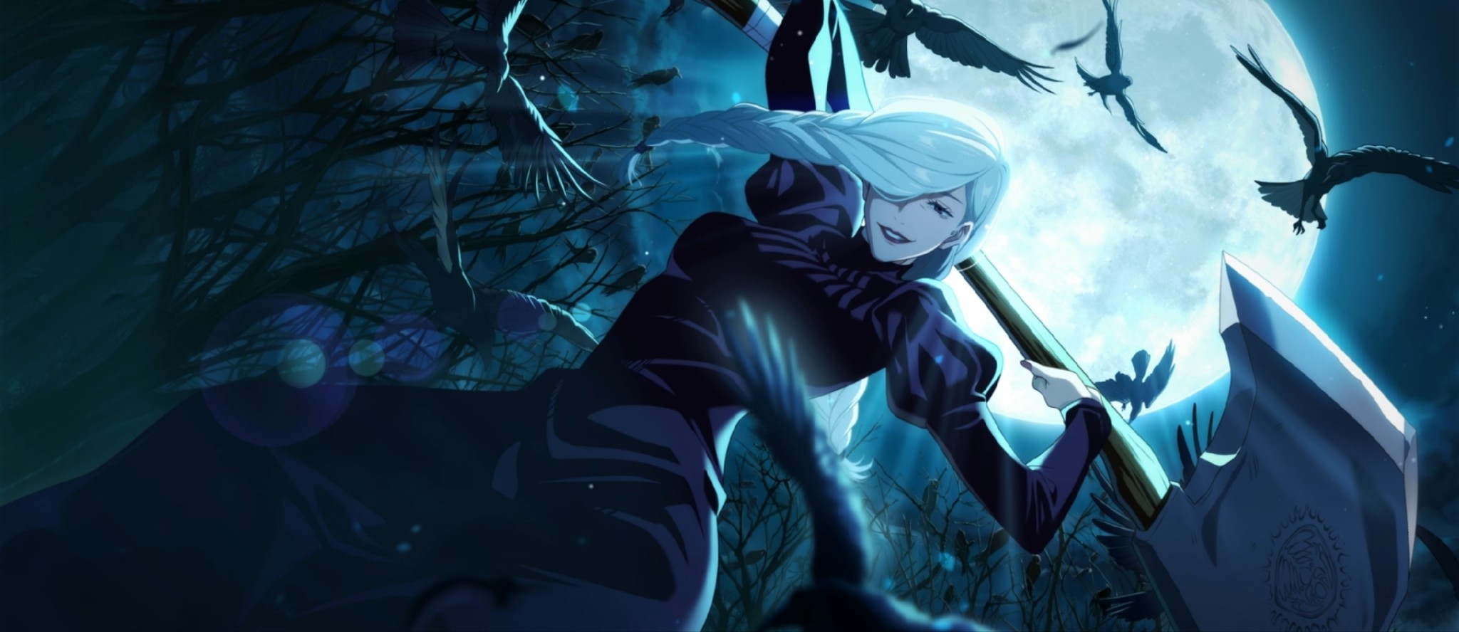 mei mei (jujutsu kaisen), jujutsu kaisen, artist request, highres, official art, 1girl, axe, bird, black dress, black feathers, braid, braided bangs, braided ponytail, crow, dress, feathers, full moon, hair over face, hair over one eye, holding, holding axe, long hair, long sleeves, looking at viewer, moon, one eye covered, puffy sleeves, smile, solo, tight clothes, tight dress, tree, turtleneck, turtleneck dress, white hair