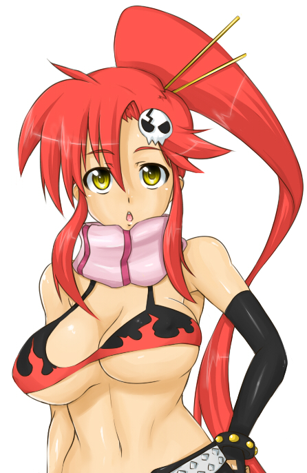 madarame, yoko littner, tengen toppa gurren lagann, 00s, 1girl, :o, bikini, breasts, female focus, hand on own hip, large breasts, long hair, ponytail, red hair, scarf, short shorts, shorts, simple background, solo, striped clothes, striped scarf, swimsuit, underboob, white background, yellow eyes