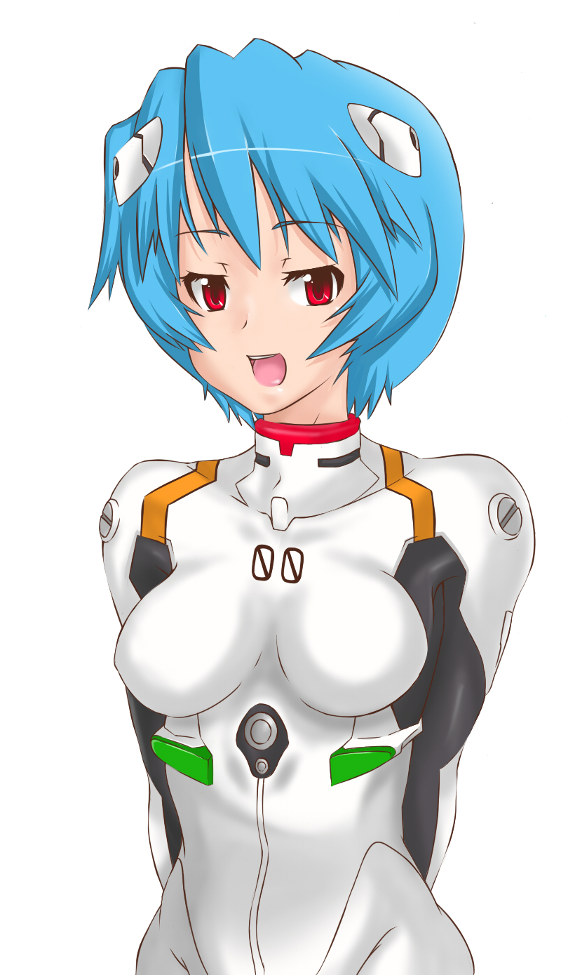 madarame, ayanami rei, neon genesis evangelion, bad id, bad pixiv id, highres, blue hair, interface headset (evangelion), mecha pilot suit, plugsuit (evangelion), red eyes, short hair, simple background, solo, white background