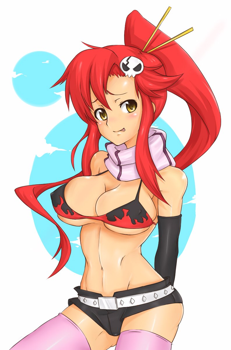 madarame, yoko littner, tengen toppa gurren lagann, bad id, bad pixiv id, 00s, 1girl, bikini, bikini top only, blush, breasts, cleavage, female focus, large breasts, long hair, muscular, pink thighhighs, ponytail, red hair, scarf, short shorts, shorts, solo, striped clothes, striped scarf, swimsuit, thighhighs, toned, toned female, tongue, underboob, yellow eyes