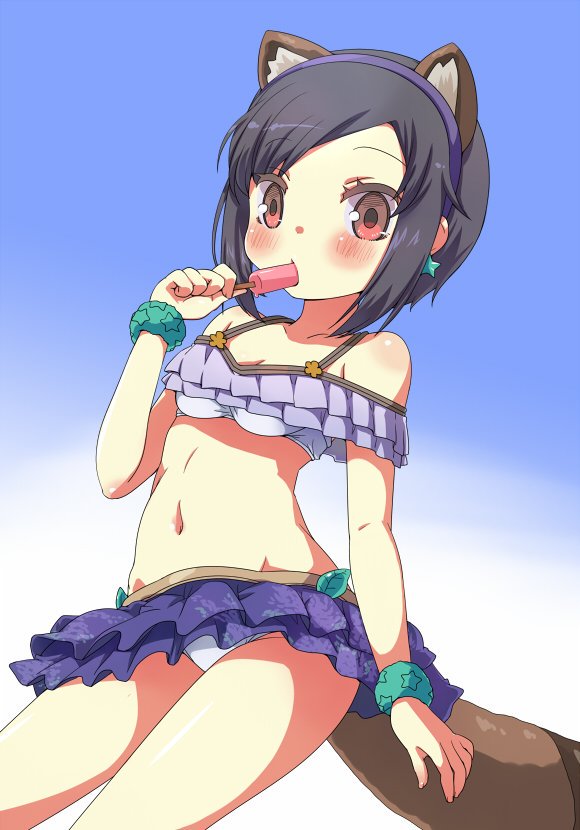 wazawogi (wzog), sangokushi taisen, 1girl, animal ear hairband, animal ears, bare shoulders, black hair, blue background, blush, bob cut, breasts, brown eyes, camisole, collarbone, earrings, eating, fake animal ears, fake tail, food, frilled camisole, frilled skirt, frills, gradient background, hairband, holding, holding food, holding popsicle, jewelry, looking at viewer, navel, open mouth, panties, parted bangs, popsicle, raccoon ears, raccoon tail, ryuki (sangokushi taisen), short hair, sidelocks, skirt, small breasts, solo, standing, strapless, tail, thighs, tube top, underwear, white background, white tube top