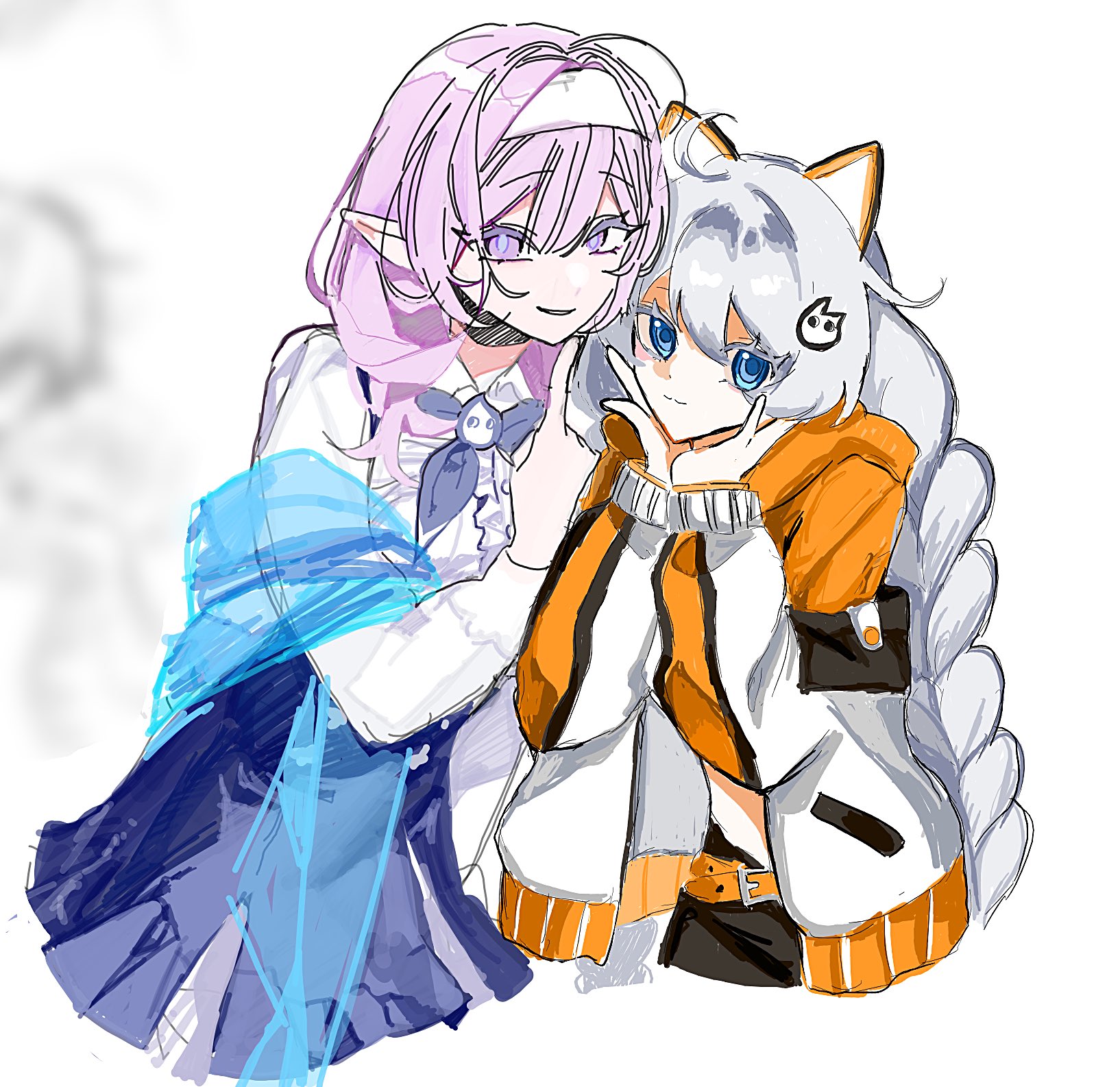 uro ril, elysia (coco) (honkai impact), elysia (honkai impact), kiana kaslana, kiana kaslana (coco), honkai (series), honkai impact 3rd, commentary request, highres, 2girls, ahoge, black skirt, blue eyes, blue scarf, blue skirt, braid, cropped legs, elf, hair ornament, hairband, jacket, long hair, looking at viewer, multicolored jacket, multiple girls, official alternate costume, orange tank top, pink hair, pointy ears, scarf, shirt, simple background, skirt, smile, tank top, twin braids, two-tone jacket, very long hair, white background, white hair, white hairband, white shirt