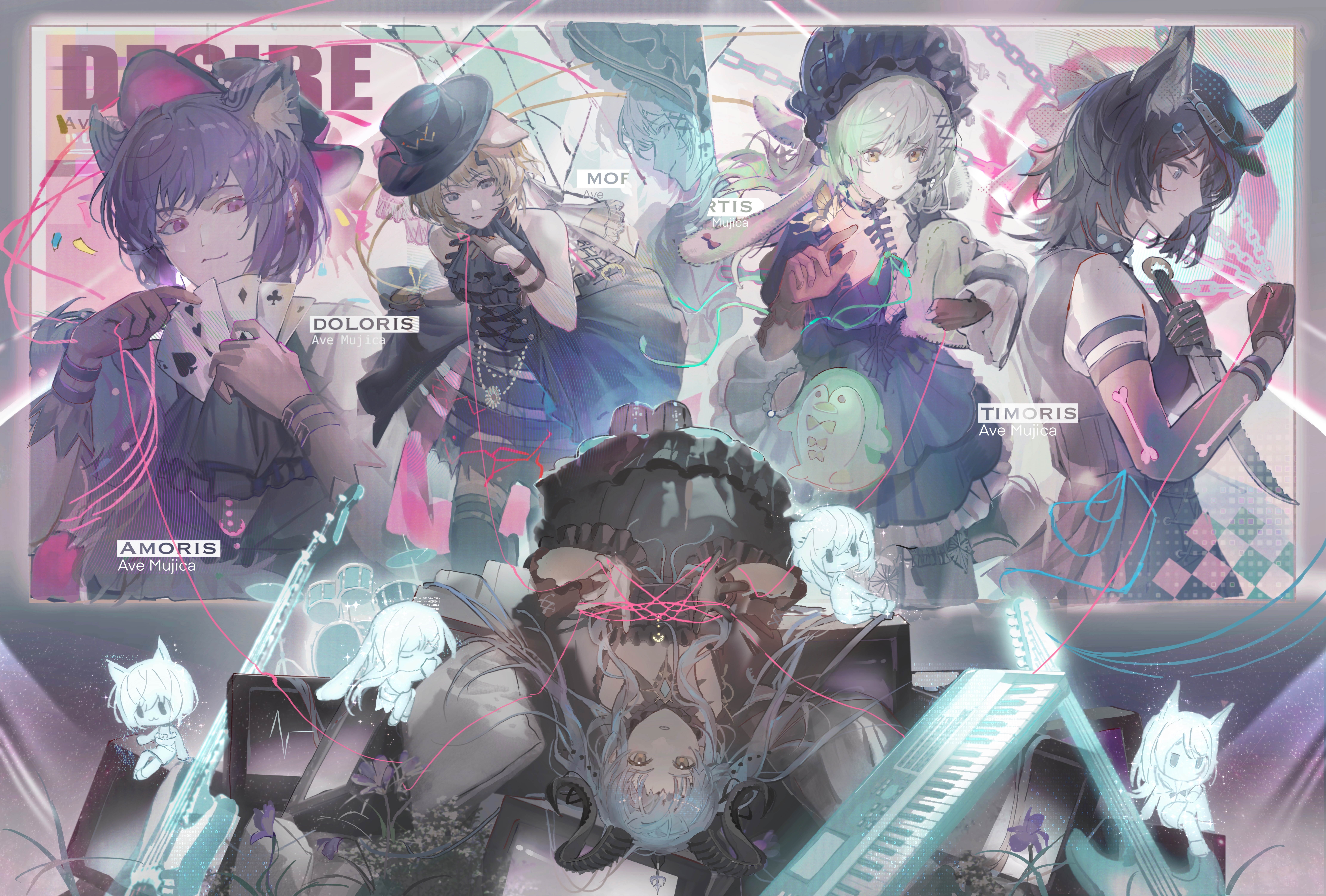 zhiyu502921798, amoris (bang dream!), doloris (bang dream!), misumi uika, misumi uika (caged singer), mortis (bang dream!), mortis (persona) (bang dream!), oblivionis (bang dream!), timoris (bang dream!), togawa sakiko, togawa sakiko (master of melodia), wakaba mutsumi, wakaba mutsumi (marionette's id), yahata umiri, yahata umiri (moonlight executioner), yuutenji nyamu, yuutenji nyamu (magician of passion), arknights, ave mujica (bang dream!), bang dream!, bang dream! it's mygo!!!!!, absurdres, chinese commentary, commentary request, highres, 5girls, animal ears, ascot, black ascot, black bonnet, black dress, black gloves, black hair, black horns, black ribbon, blonde hair, blue eyes, blue hair, bonnet, card, cardiogram, cat's cradle, cat ears, cat girl, chain, character name, chibi, closed mouth, curled horns, dagger, detached collar, dog ears, dog girl, dress, gloves, gothic lolita, green hair, guitar, hair ornament, hair ribbon, holding, holding card, holding dagger, holding knife, holding stuffed toy, holding weapon, horns, instrument, kemonomimi mode, keyboard (instrument), knife, lolita fashion, long hair, long sleeves, looking at viewer, magician, medium hair, monitor, multiple girls, pillow, playing card, profile, purple eyes, purple hair, rabbit ears, rabbit girl, ribbon, short hair, sidelocks, smile, stuffed animal, stuffed penguin, stuffed rabbit, stuffed toy, two side up, upside-down, weapon, wolf ears, wolf girl, x hair ornament, yellow eyes