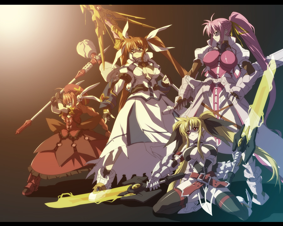 nekomamire, bardiche (nanoha), bardiche (riot zanber stinger) (nanoha), fate testarossa, fate testarossa (true sonic form), graf eisen, laevatein (nanoha), raising heart, raising heart (exceed mode), signum, takamachi nanoha, takamachi nanoha (exceed mode), vita (nanoha), lyrical nanoha, mahou shoujo lyrical nanoha, mahou shoujo lyrical nanoha a's, mahou shoujo lyrical nanoha strikers, 00s, 4girls, alternate costume, alternate weapon, black thighhighs, blonde hair, blue eyes, boots, braid, breasts, brown hair, cleavage, epic, fingerless gloves, gloves, hair ribbon, hammer, hat, impossible clothes, impossible shirt, large breasts, letterboxed, long hair, multiple girls, pink hair, ponytail, purple eyes, red eyes, red hair, ribbon, shirt, skirt, sword, thighhighs, twintails, very long hair, weapon, whip sword, zettai ryouiki