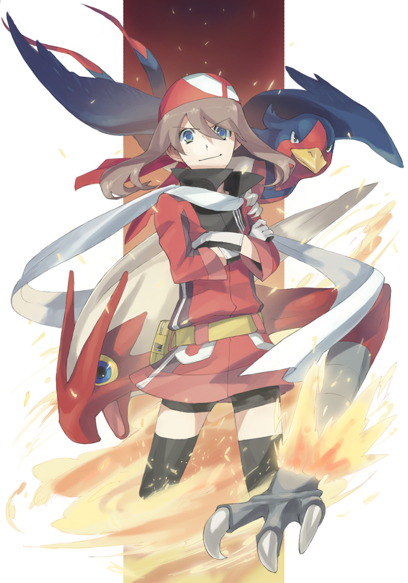 nishihara isao, blaziken, may (pokemon), swellow, nintendo, pokemon, bad id, bad pixiv id, 1girl, alternate costume, bandana, black thighhighs, blue eyes, brown hair, crossed arms, epic, fire, gen 3 pokemon, gloves, hair between eyes, pokemon (creature), scarf, thighhighs, two-tone gloves