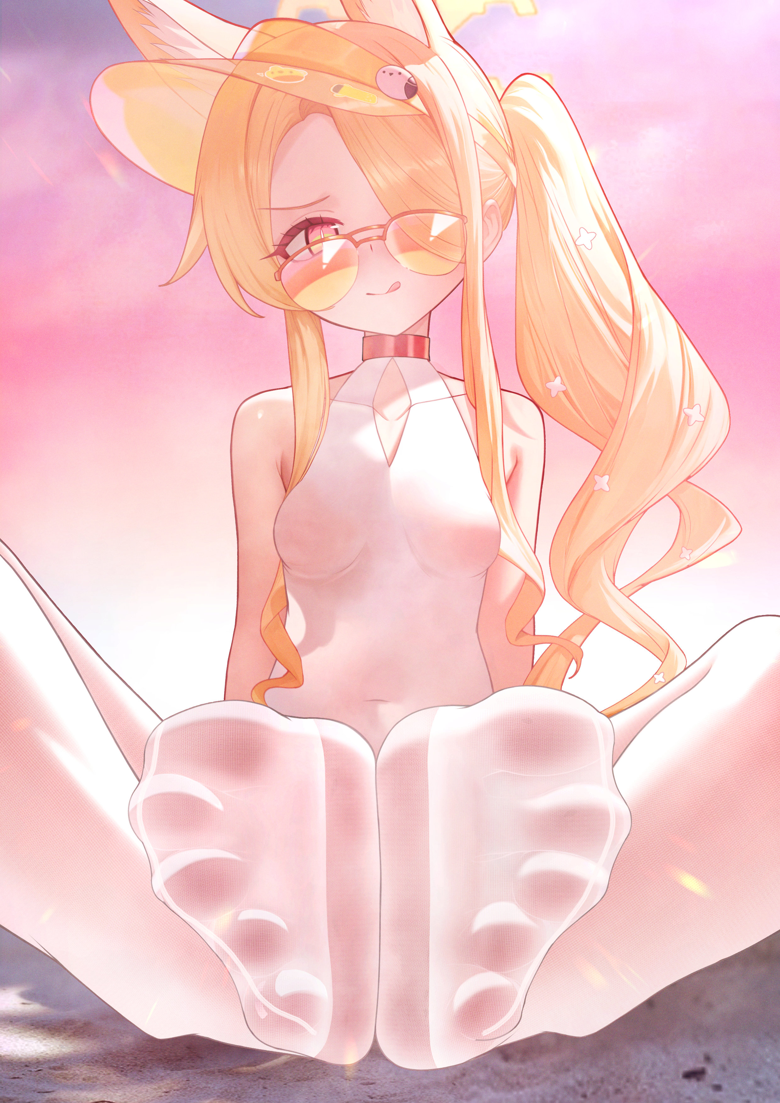 ursica, seia (blue archive), blue archive, yellow headwear, absurdres, highres, 1girl, alternate costume, animal ear fluff, animal ears, bare shoulders, blonde hair, blush, breasts, casual one-piece swimsuit, closed mouth, collarbone, covered navel, extra ears, feet, foot focus, foreshortening, fox ears, gradient eyes, hair ornament, hair over one eye, halo, knees apart feet together, licking lips, long hair, looking at viewer, multicolored eyes, no shoes, on ground, one-piece swimsuit, outdoors, pantyhose, parted bangs, red eyes, side ponytail, sidelocks, sitting, sky, small breasts, smile, soles, solo, spread toes, sunglasses, swimsuit, tinted eyewear, toes, tongue, tongue out, visor cap, white one-piece swimsuit, white pantyhose, yellow eyes, yellow halo