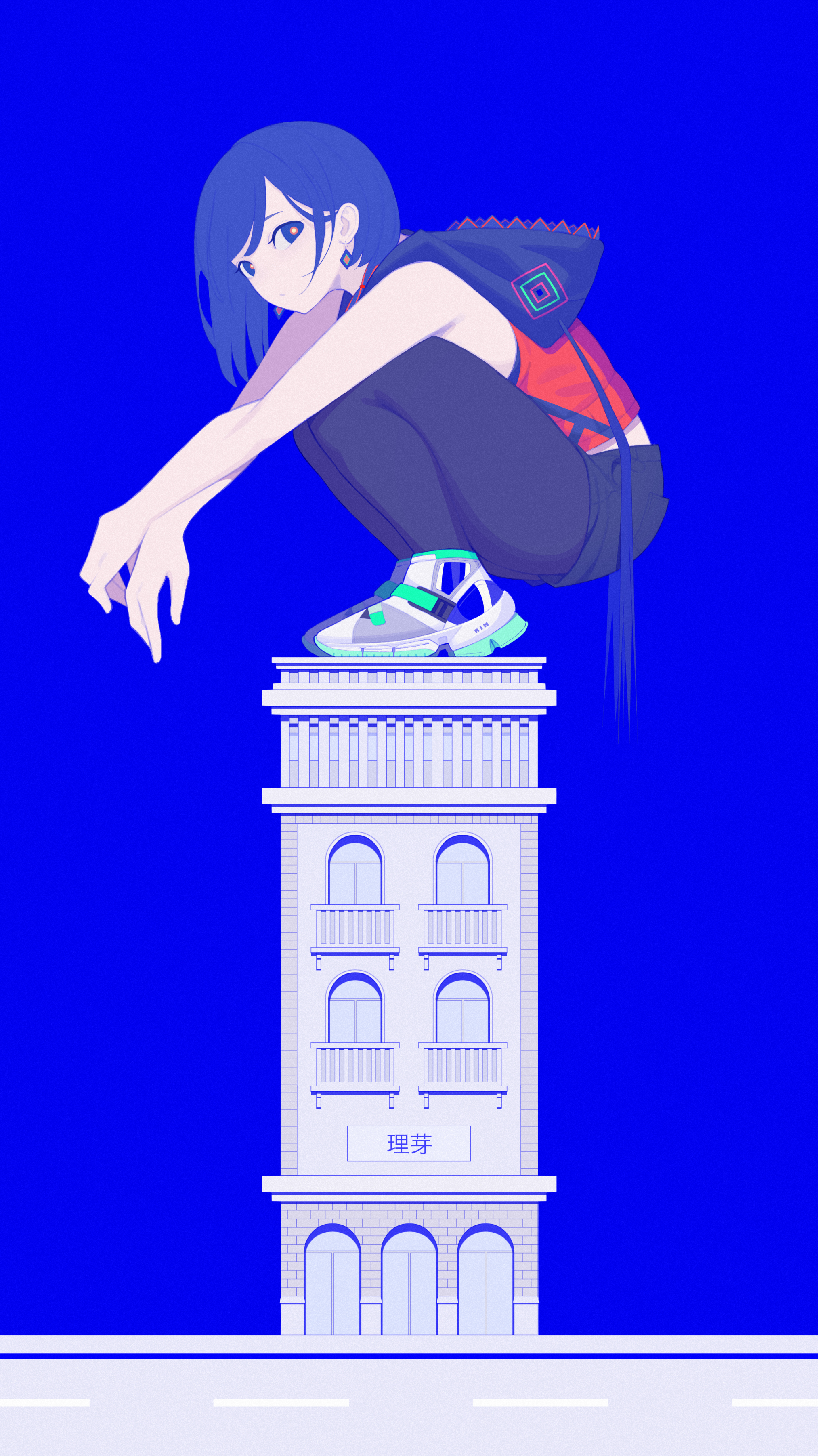 vialle, rim (kamitsubaki studio), kamitsubaki studio, absurdres, commentary, english commentary, highres, 1girl, blue background, blue eyes, blue hair, blue pantyhose, blue shorts, blue theme, character name, diamond earrings, earrings, from side, hood, hood down, hooded jacket, jacket, jewelry, looking at viewer, pantyhose, red jacket, road, shoes, short hair, shorts, simple background, sleeveless, sleeveless jacket, sneakers, solo, squatting, tower, virtual youtuber, white shoes, yellow pupils