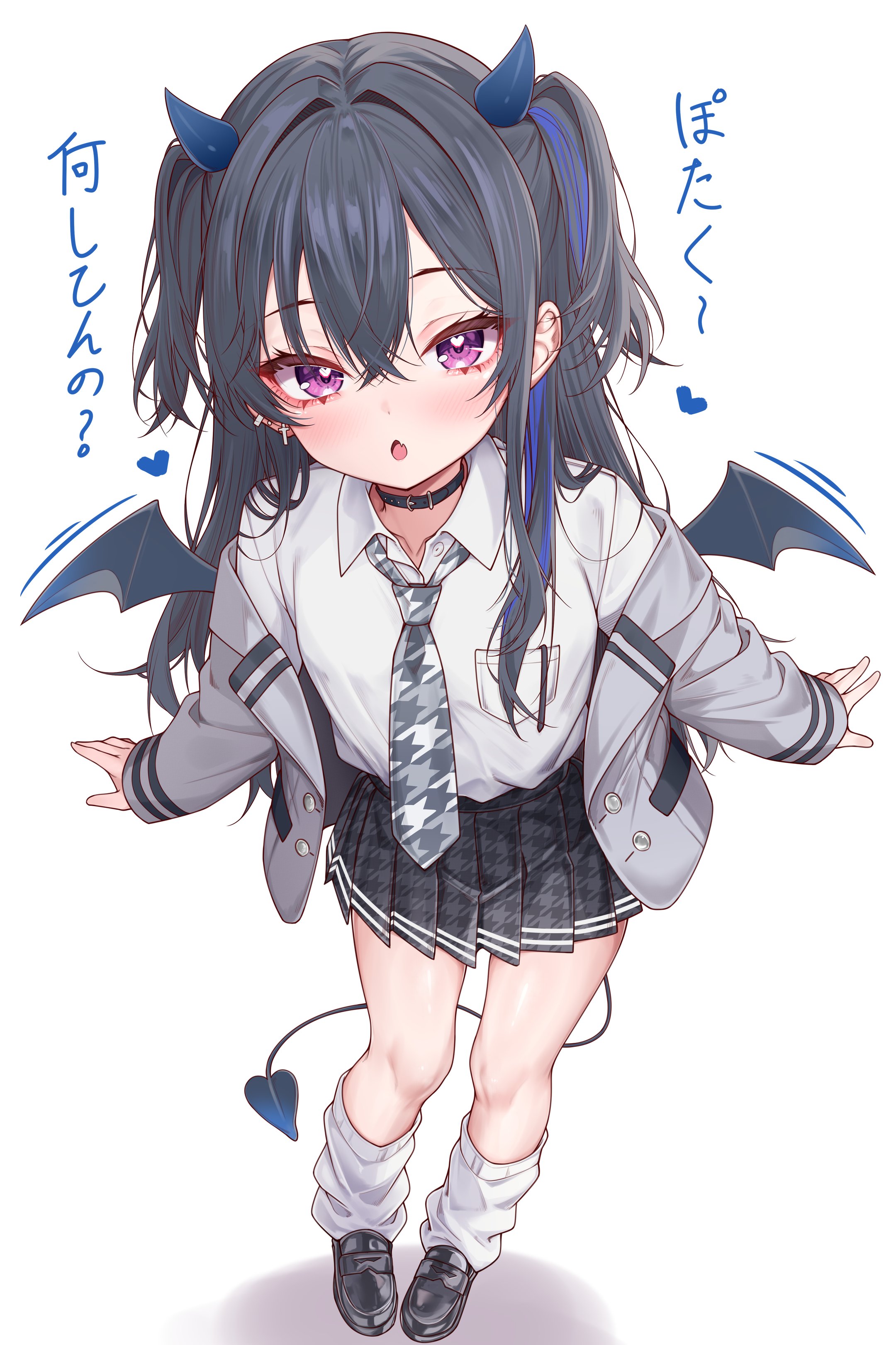 amaki daisuke, ichinose uruha, vspo!, absurdres, highres, 1girl, black hair, black skirt, blue hair, blush, collar, collared shirt, demon tail, demon wings, earrings, fang, grey jacket, grey necktie, heart, houndstooth, jacket, jewelry, long hair, long sleeves, looking at viewer, necktie, open mouth, pleated skirt, purple eyes, school uniform, shirt, simple background, skirt, solo, symbol-shaped pupils, tail, two side up, virtual youtuber, white background, white shirt, wings