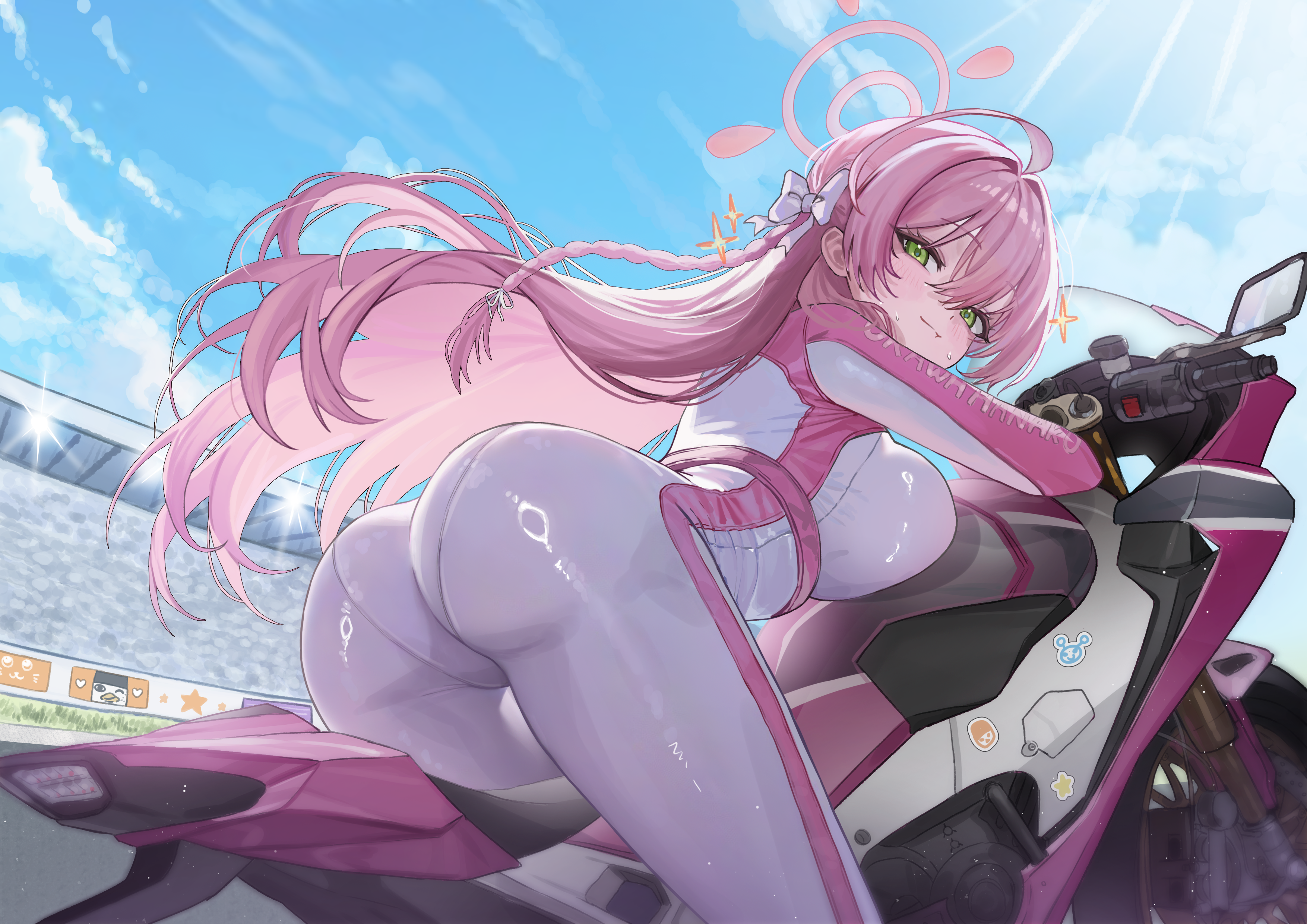yamu (yamu 030), hanako (blue archive), blue archive, absurdres, commentary request, highres, vehicle request, 1girl, ahoge, ass, bent over, blue sky, bodysuit, bow, braid, breasts, closed mouth, cloud, cloudy sky, day, hair between eyes, hair bow, hair intakes, halo, large breasts, long hair, looking at viewer, motor vehicle, motorcycle, on motorcycle, pink bodysuit, pink hair, pink halo, shiny clothes, single braid, skin tight, sky, smile, solo, sparkle, sparkling aura, white bodysuit, white bow