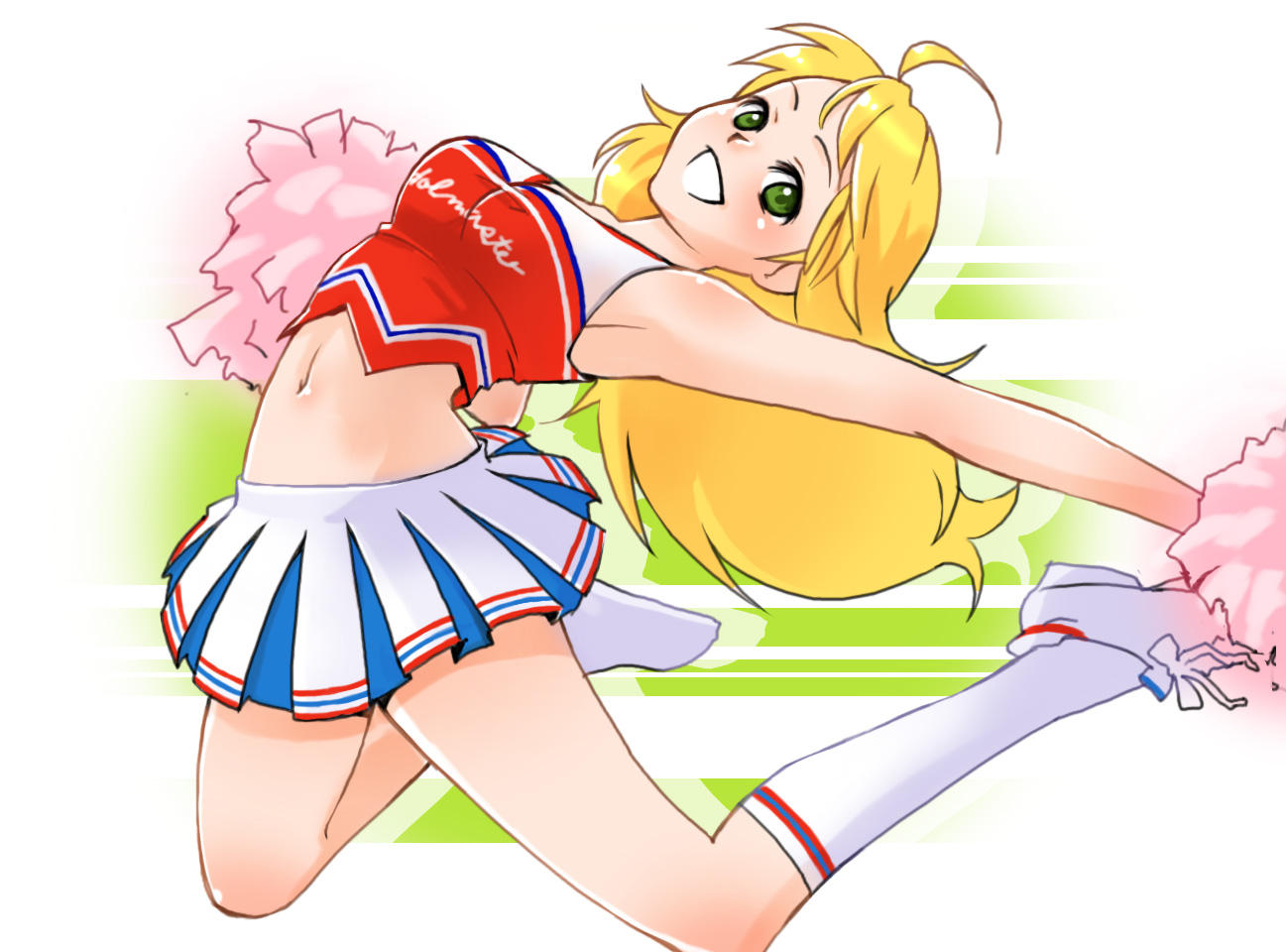 vuipui, hoshii miki, idolmaster, idolmaster (classic), 00s, ahoge, armpits, blonde hair, cheerleader, green eyes, legs, long hair, midriff, miniskirt, skirt, smile, socks, solo