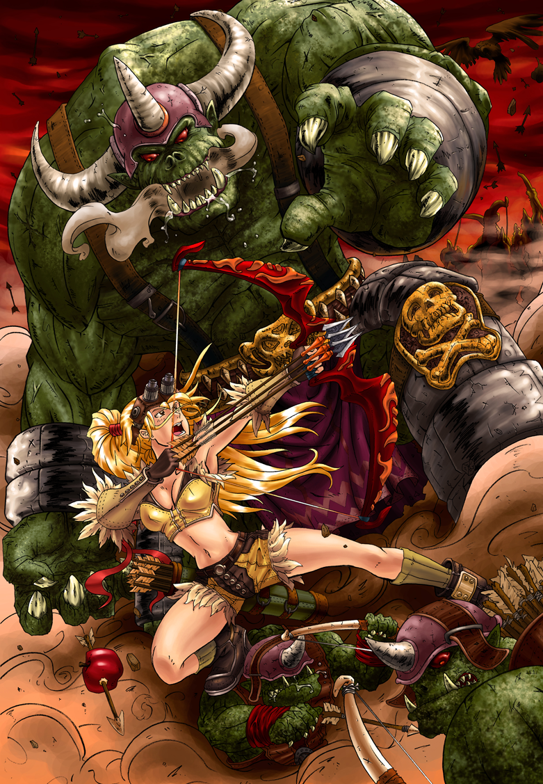 sniper (ragnarok online), ragnarok online, sniper, apple, armor, arrow (projectile), belt, bird (animal), blonde hair, blouse, boots, bow, bow (weapon), brown shirt, claws, fake horns, food, fruit, gloves, greaves, helm, helmet, holding, holding bow (weapon), holding weapon, horned helmet, horns, loincloth, long hair, monster, orc, orc lord, ponytail, quiver, red eyes, shirt, short shorts, shorts, skull, sleeveless, sleeveless shirt, two-tone gloves, war, weapon, yellow shirt