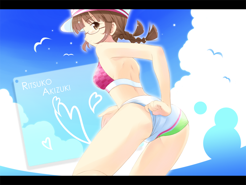komone ushio, akizuki ritsuko, idolmaster, idolmaster (classic), idolmaster 1, bad id, bad pixiv id, 00s, 1girl, adjusting clothes, adjusting swimsuit, ass, beach, bikini, bikini pull, braid, breasts, brown eyes, brown hair, clothes pull, day, female focus, glasses, hat, letterboxed, outdoors, short hair, solo, swimsuit, twin braids