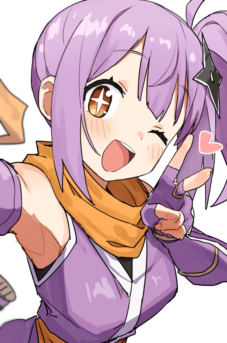 gazacy (dai), kusagakure satoko, ninja to koroshiya no futarigurashi, highres, + +, 1girl, :d, armpits, elbow gloves, fingerless gloves, gloves, japanese clothes, kimono, one eye closed, open mouth, orange eyes, purple hair, scarf, selfie, shuriken hair ornament, side ponytail, smile, solo, teeth, upper body, upper teeth only, v, white background