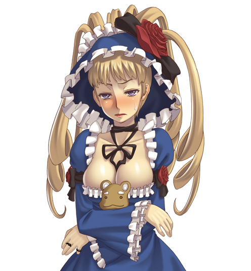 terumii, chroche latel pastalie, ar tonelico, ar tonelico ii, gust, breast hold, bad id, bad pixiv id, 00s, 1girl, blonde hair, blush, breasts, cleavage, dress, female focus, flower, hat, large breasts, long hair, purple eyes, rose, simple background, solo, stuffed animal, stuffed toy, sweatdrop, underboob