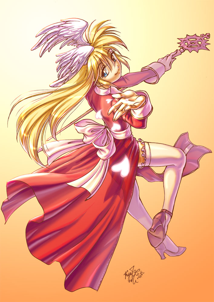 yulcha, high priest (ragnarok online), ragnarok online, blonde hair, blue eyes, head wings, long hair, solo, staff, thighhighs, wings