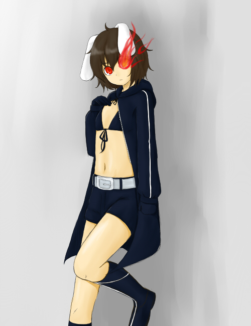 aki081, black rock shooter (character), inaba tewi, black rock shooter, touhou, vocaloid, 1girl, animal ears, black rock shooter (cosplay), brown hair, cosplay, female focus, gradient background, parody, rabbit ears, red eyes, short hair, solo