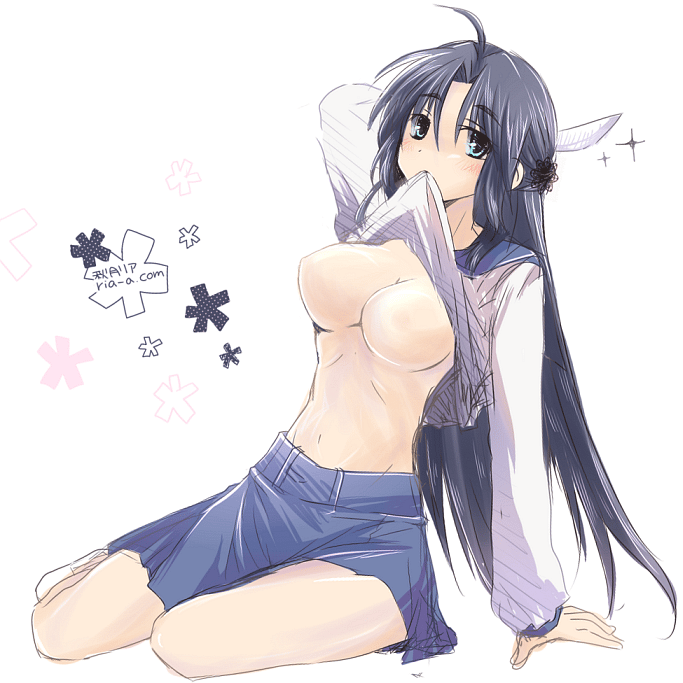 akitsuki ria, asakura ryoko, suzumiya haruhi no yuuutsu, bad id, bad pixiv id, 00s, blue eyes, blue hair, breasts, clothes lift, knife, large breasts, long hair, mouth hold, no nipples, shirt lift, solo