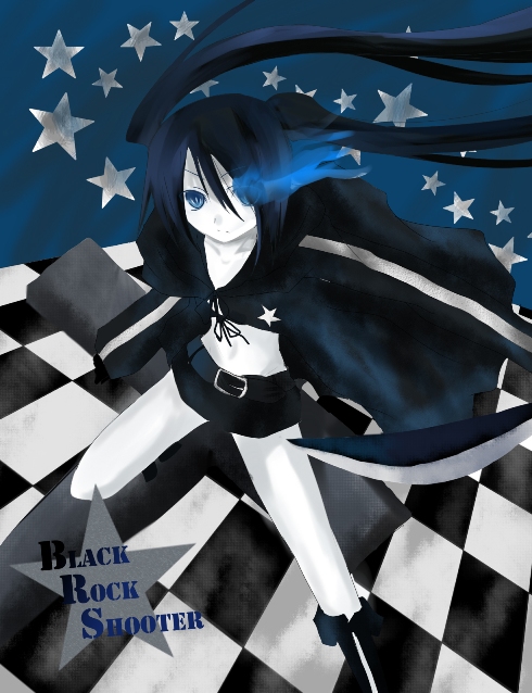 ram hachimin, black rock shooter (character), hatsune miku, black rock shooter, vocaloid, 10s, 1girl, belt, black hair, blue eyes, female focus, katana, long hair, midriff, shorts, solo, sword, twintails, weapon